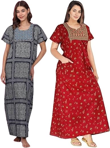 OFEEFAN Women’s Cotton Embroidered Jaipuri Nighty Gown – Pack of 2 Rajasthani Print Maxi Night Dress with Pocket – Soft & ...