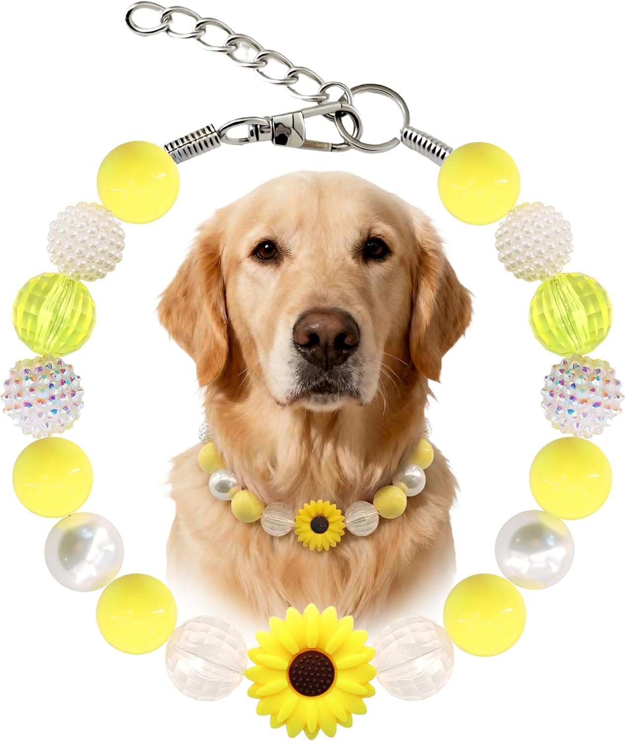 Hosiwei Yellow Daisy Handmade Chunky Pearl Dog Collar Necklace (Beads 20 mm) with Strong Stainless Steel Wire, Adjustable Fashion Collar Accessories for Dogs | Gift for Dog Moms (19" – 21", Daisy)