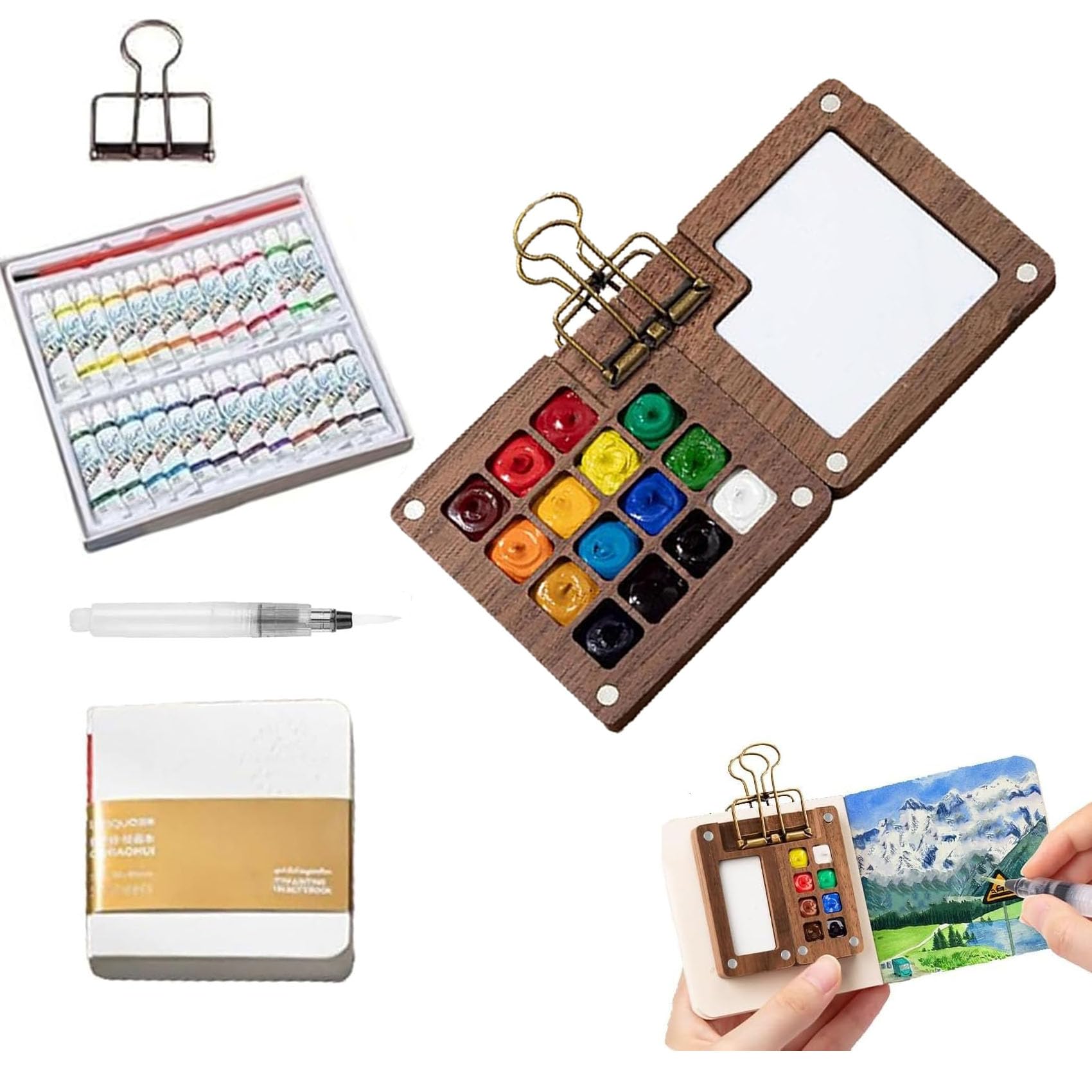 Tobios Watercolor Set, Mini Watercolor Paint Set, Mini Wooden Water Color Sketchbook Kit, Ideal Pocket Art Kit for Painters, Artists and Students (Style-A