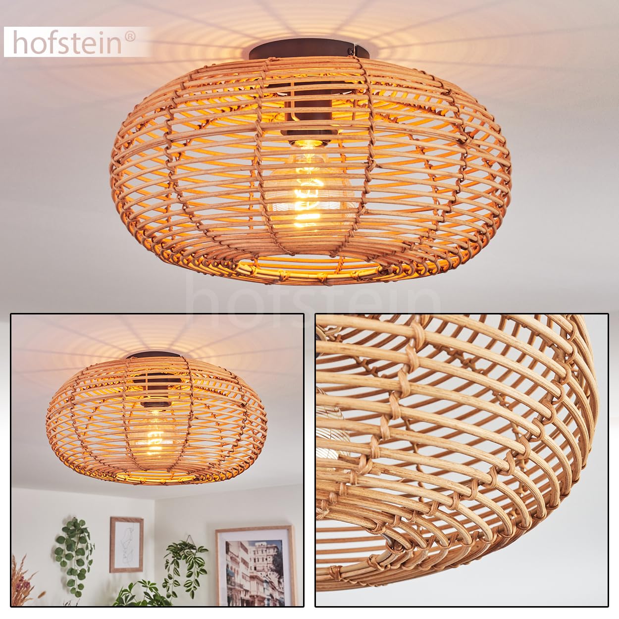HOFSTEIN Deckenleuchte Mulstrand, Deckenlampe aus Metall/Bambus in Schwarz/Natur, runde Leuchte im Boho-Design Ø 40 cm, Lichteffekt durch Gitter-Optik, E27, Esszimmmer, Schlafzimmer, Wohnzimmer, Küche