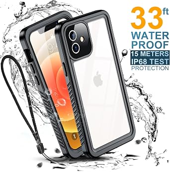 Designed for iPhone 12 Case Waterproof, Built-in Lens & Screen Protector Military Grade Shockproof Dropproof IP68 Underwater Full Body Phone Case Black/Clear