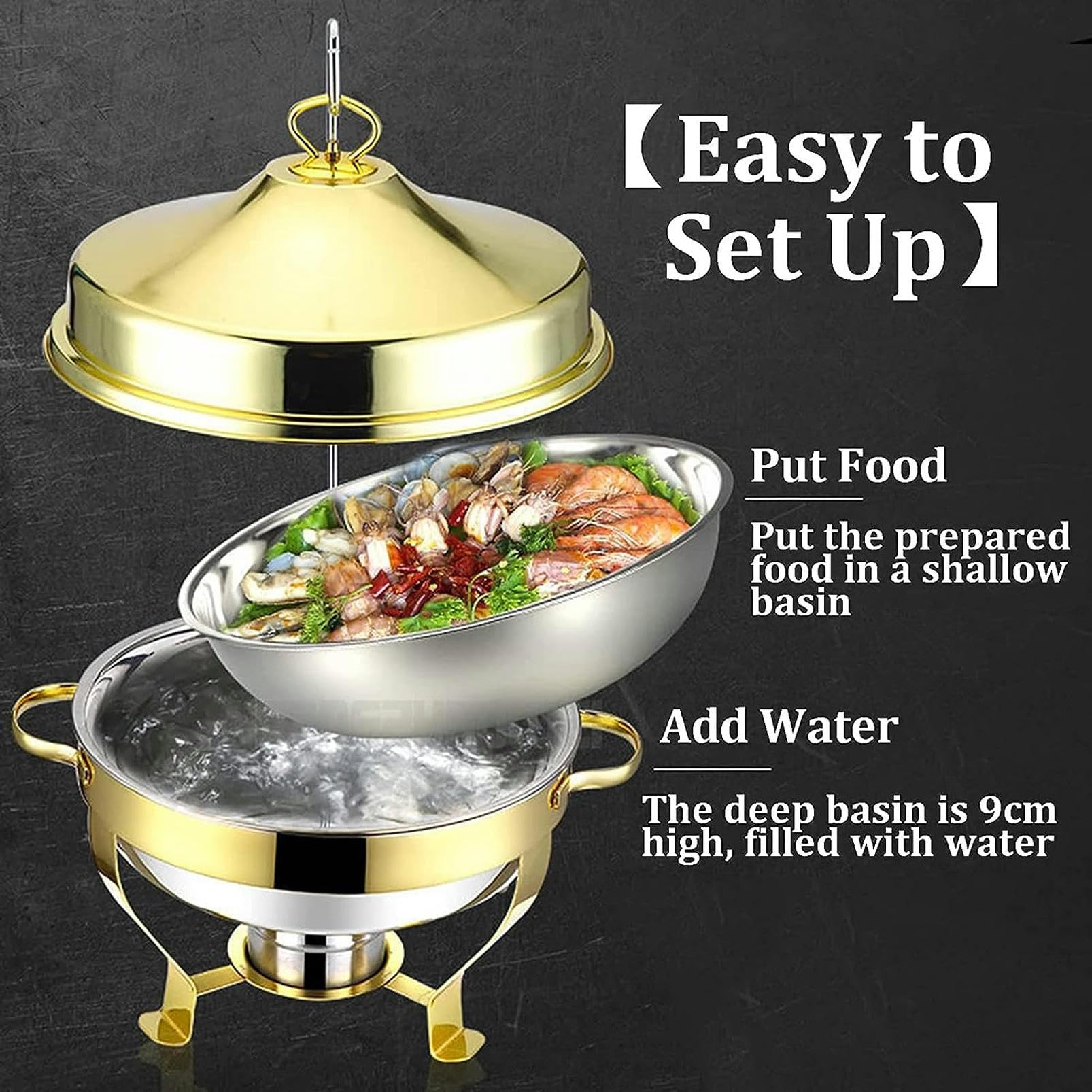 Chafing Dish Rotondo In Acciaio Inossidabile Da 9 Litri, Scaldavivande E Scaldavivande Di Dimensioni Standard Con Teglia Per Alimenti, Coperchio Per Contenitori Di Combustibile Per Catering Per Feste