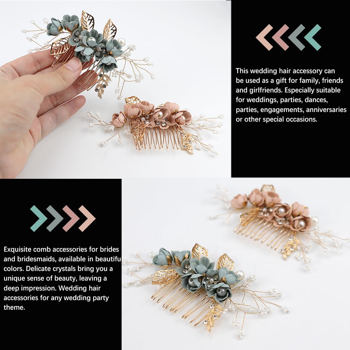 ZJIVQO 2pcs Handmade Wedding Hair Comb,Pearl Crystal Hair Clips,Bridal Crystal Leaf Hair Vine Comb Wedding Hair Accessories for Women Girls Bridemaid (Green,Pink) - Image 3