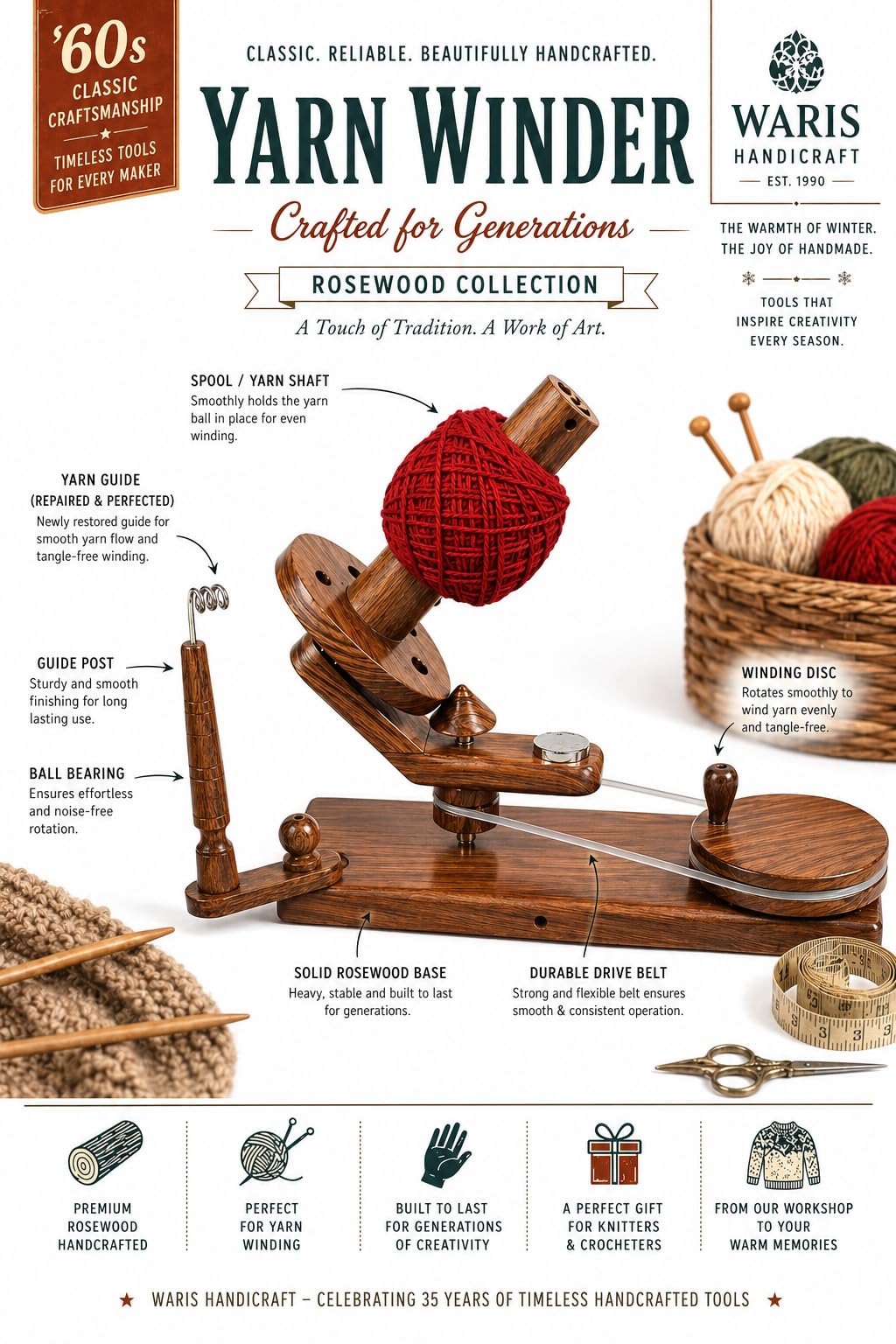 WARIS HANDICRAFT Wooden Yarn Ball Winder Knitting Crocheting Wool Ball Maker Machine (PRIMUM Quality Rosewood Wood)