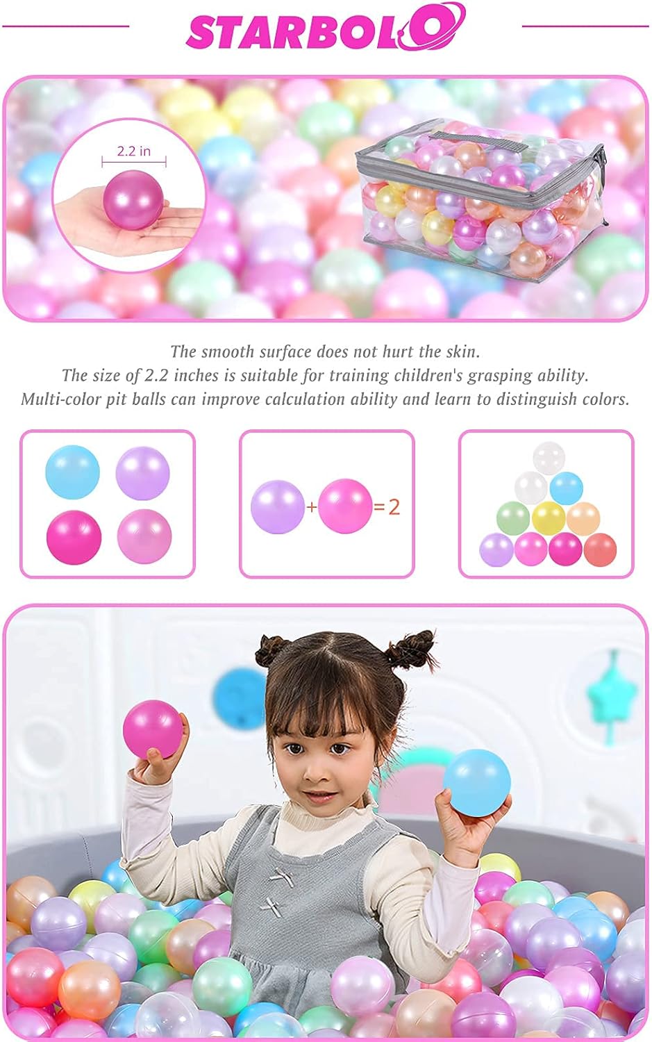 STARBOLO Ball Pit Balls for Toddlers Pack of 100 200 500 - BPA&Phthalate Free Non-Toxic Crush Proof Soft Plastic Balls for 1-5Years Old Toddlers Girl Kids Birthday Pool Playpen Tent Party