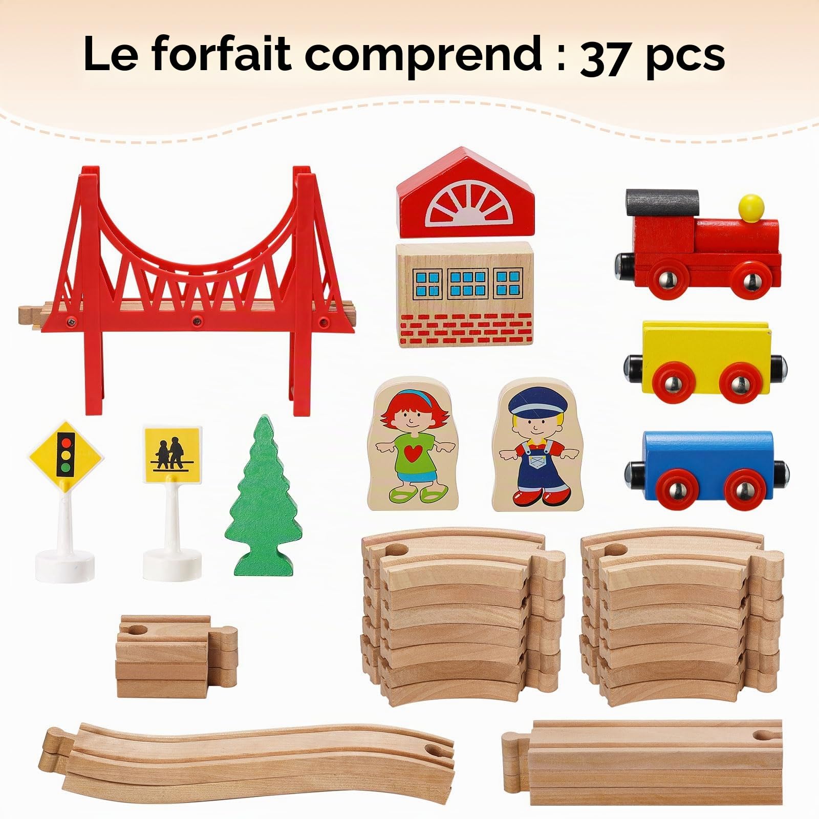 SainSmart Jr. Ensemble de Trains en Bois pour Tout-Petits – Rails en Bois Double Face pour Brio, Thomas, Melissa et Doug – Train Extensible et modifiable pour Enfants de 3, 4, 5 Ans