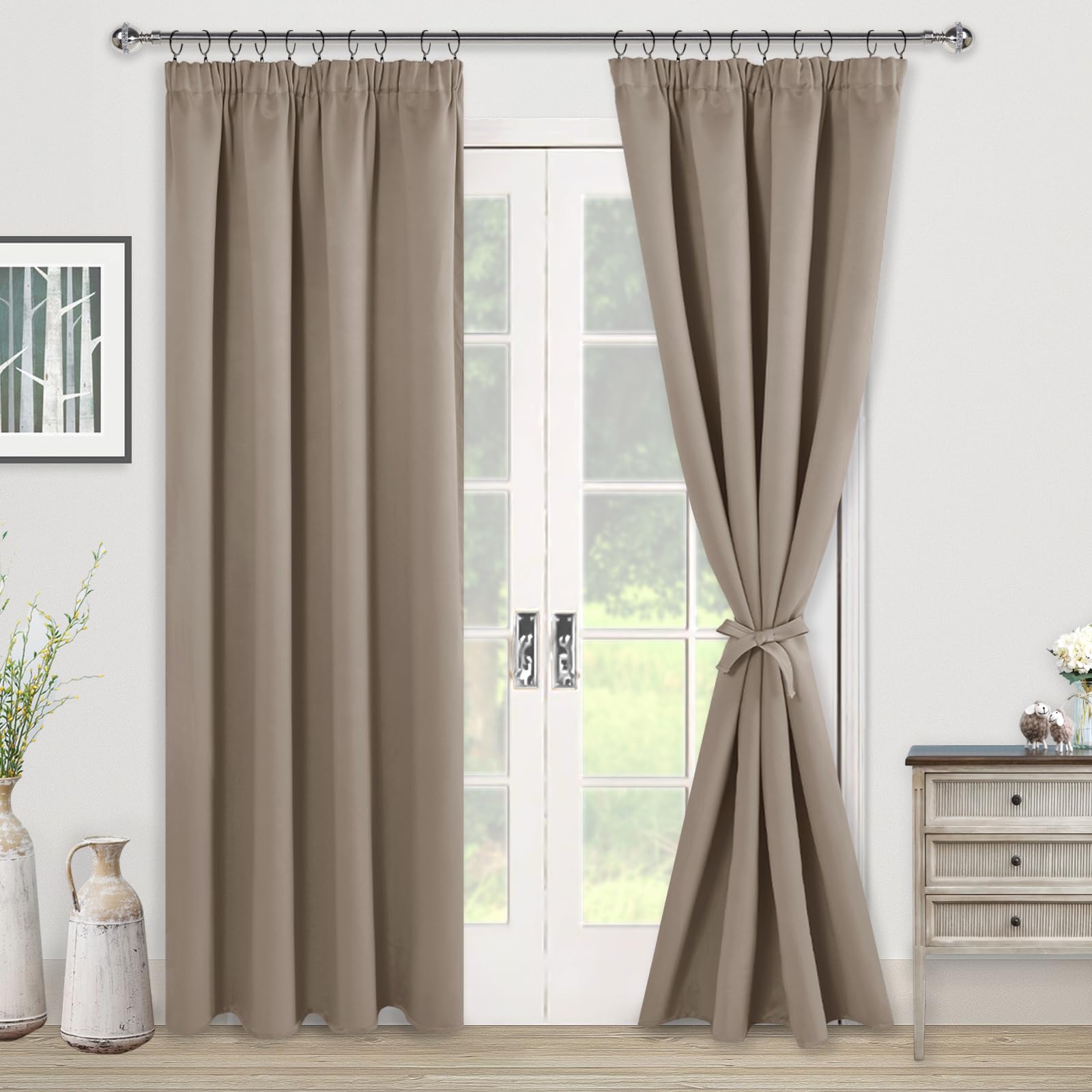 JIUZHEN Blackout Curtains with Ruffle Tape, Opaque Curtains, Living Room Curtains, Bedroom, Thermal Curtain, Taupe - Image 2