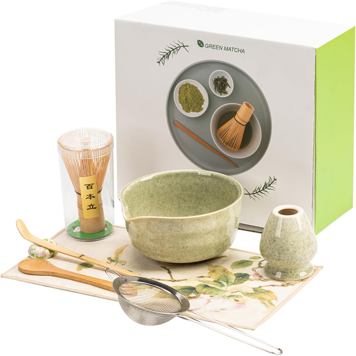 Matcha Set 8-Piece Japanese Tea Ceremony Kit with Ceramic Bowl, Bamboo Whisk & Holder, 2 Scoops, Strainer, Tea Cloth - Complete Gift Set for Traditional Brewing(Matcha Green)