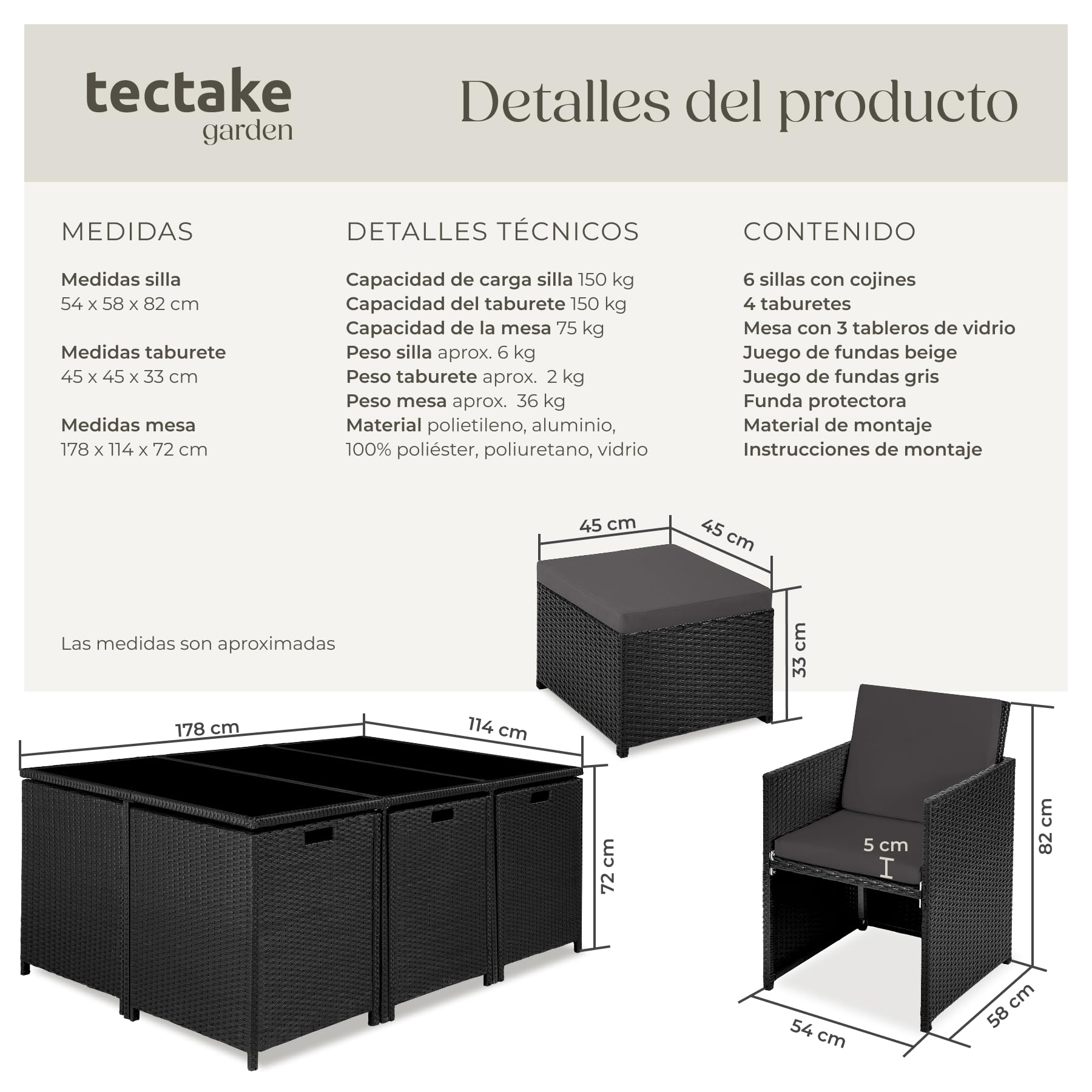tectake® Conjunto Jardín Exterior de Ratán y Aluminio, Muebles Jardín Exterior Resistentes a la Intemperie, para hasta 10 Personas, con 2 Juegos de Fundas y Funda Protectora - Negro