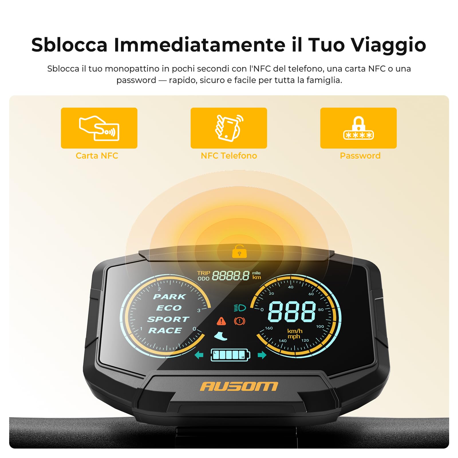 Monopattino Elettrico, Ausom K20/K20 Pro, 90KM /70KM Autonomia, Sospensione ShocFree, Pneumatici 10" Antiforatura, Freni a Disco+E-ABS