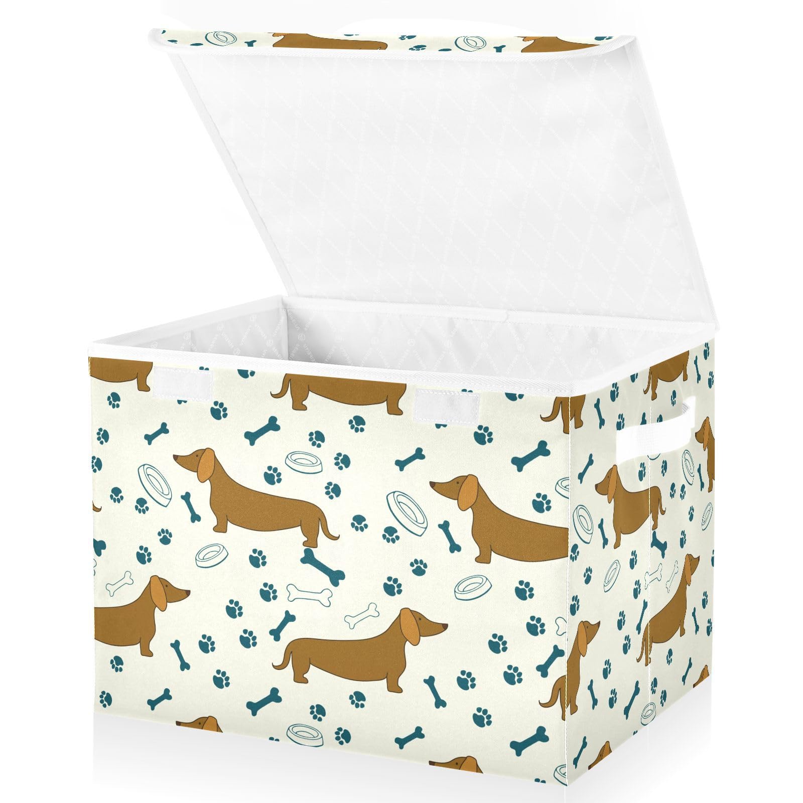 Mnsruu Storage Boxes with Lids, Dachshunds Bones Paw Prints Large Storage Basket Organizer Shelves Cube Bin Toy Clothes Underbed