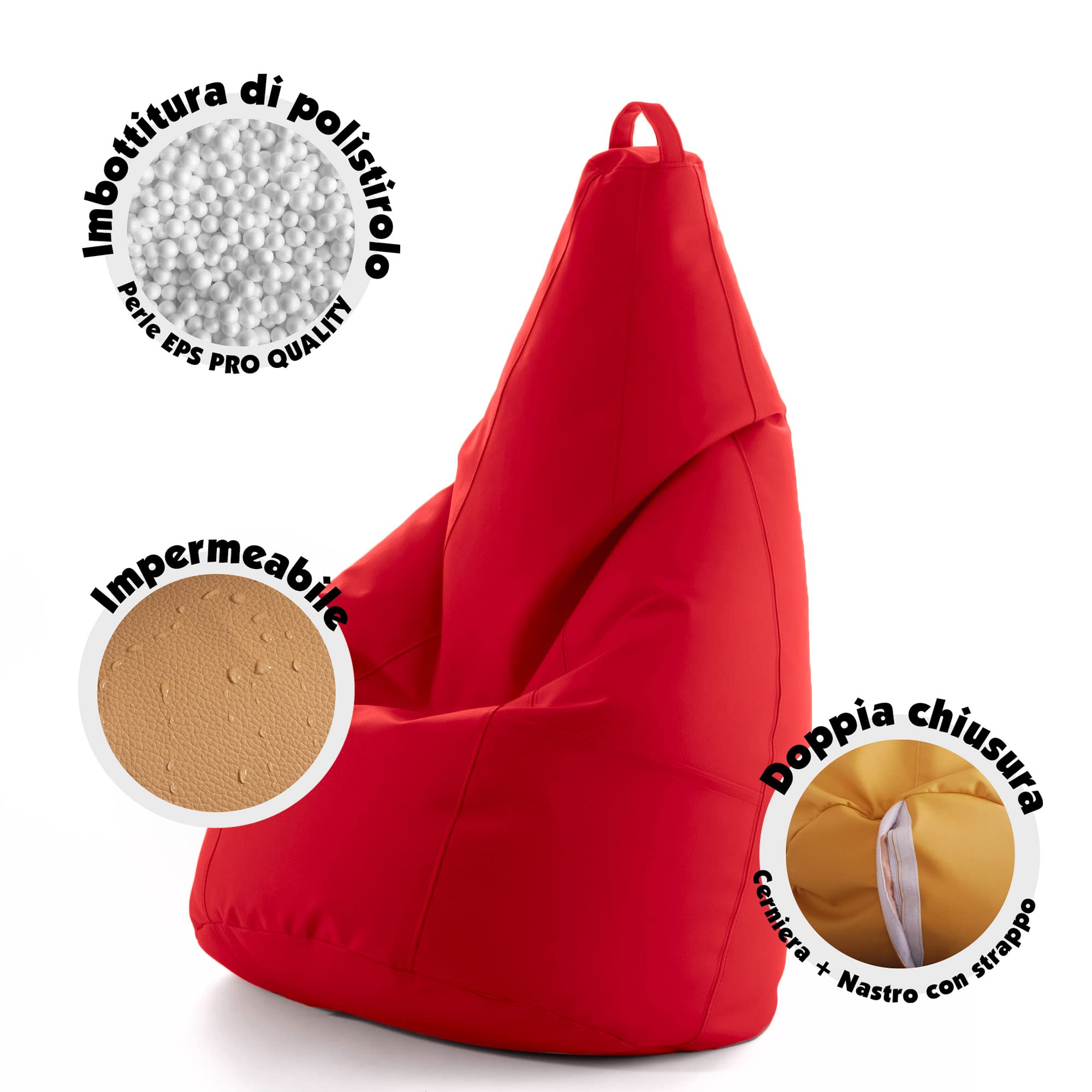 Pouf A Sacco Pera In Similpelle - Poltrona Morbida E Moderna, Imbottitura 200L, Made In Italy Con Pochette OMAGGIO - Foto 5