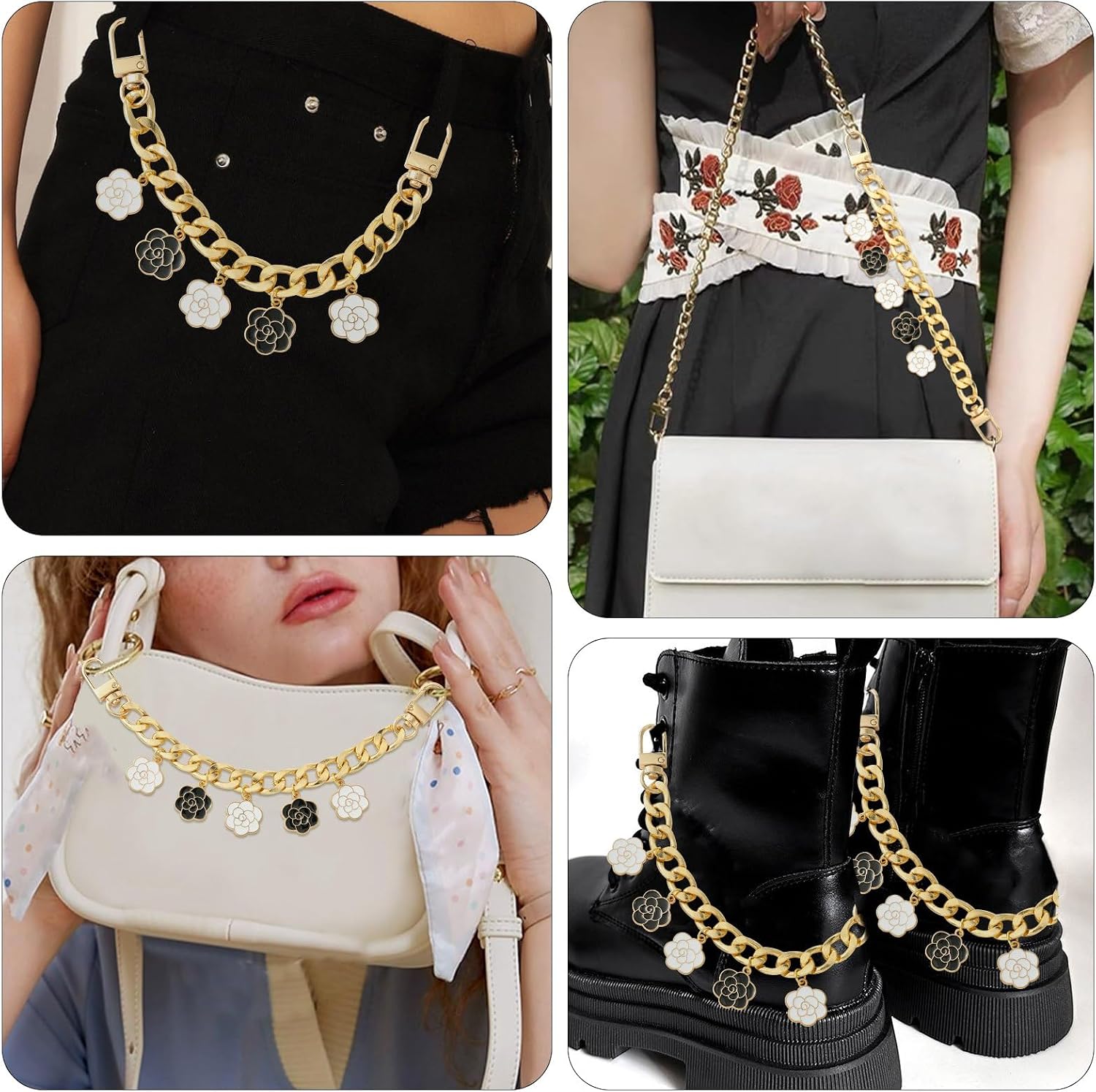 Airssory 4 pcs 260mm Long White Black Flower Aluminum Link Chain Strap with Swivel Clasps Alloy Enamel Floal Replacement Extender Chain for DIY Jewelry Phone Purse Bag Decoration