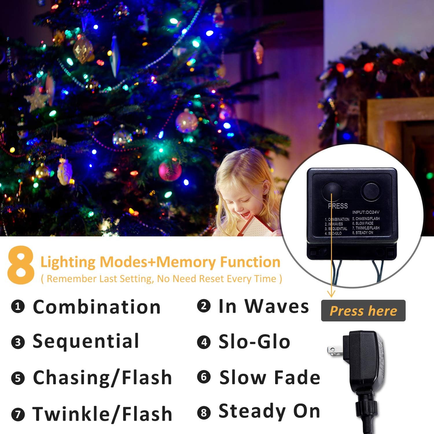 BOLTLINK Outdoor Christmas String Lights, Indoor Outside 300 LED 105ft Christmas Tree Fairy Twinkle Decorative Lights for Halloween Wedding Party Patio Garden Holiday, Multicolor