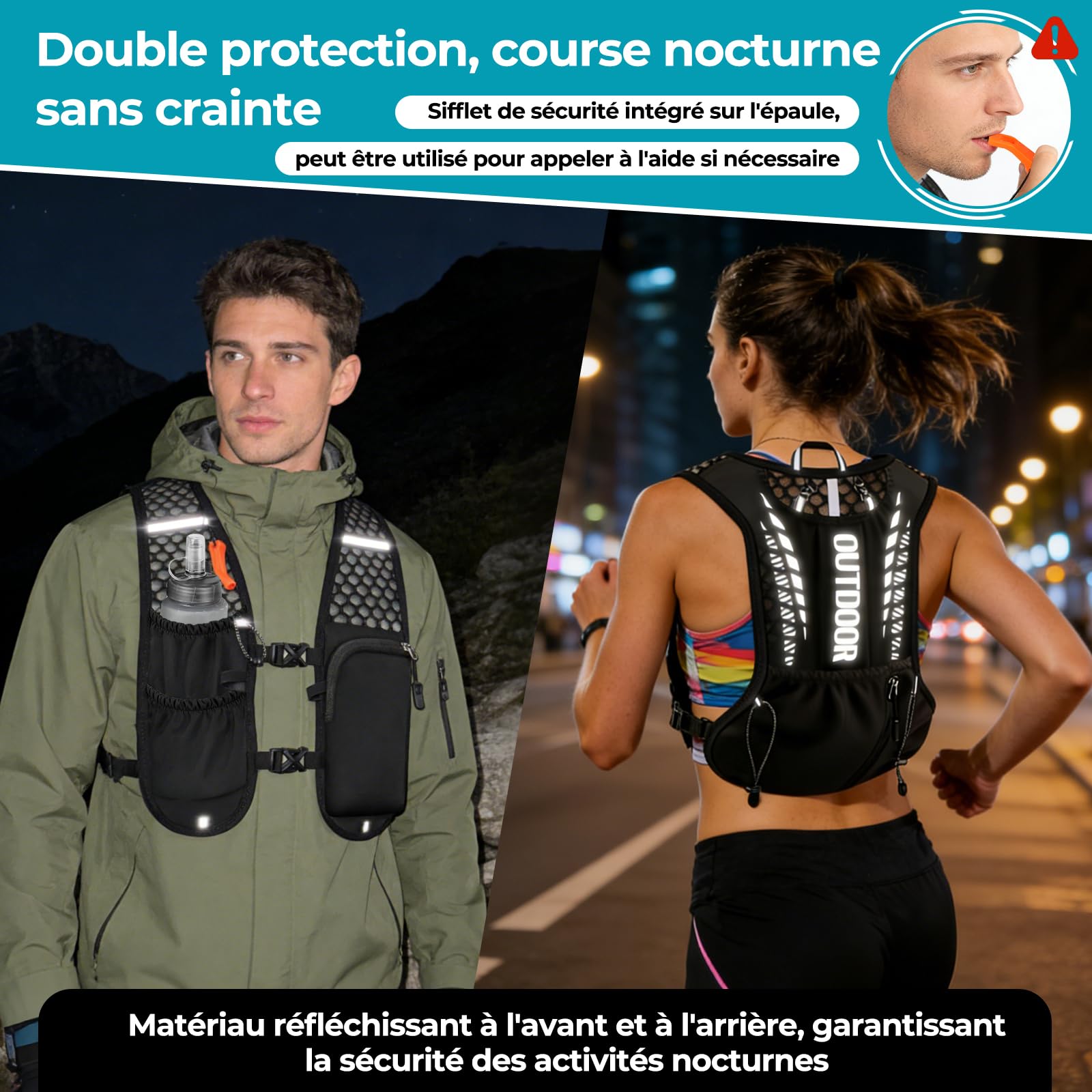 Gilet Running Hydratation Femme Homme Ultraléger 160 g, Gilet Trail Flasque 500ml, Sac Running Réglable Réfléchissant Sifflet, Poches Téléphone Course à Pied, Marathon, Trail, Randonnée