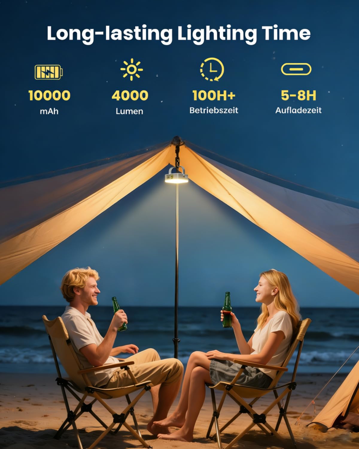 Eventek Campinglampe 4000LM, 10000mAh LED Outdoor Camping Licht Bis zu 100+Stunden & 4 Modi, IP65 Wasserdicht Tragbar Aufladbar Zeltlampe für Camping, Stromausfälle, Wandern, Notfall, 1 Stück Solar