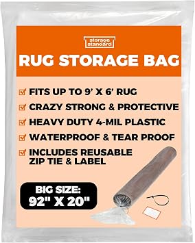 Heavy Duty Rug Storage Bag - Reusable Rug Shipping Bag, Waterproof Plastic Rug Cover - Fits Rolled Carpet Up to 6 x 9 Feet, 4 Mil Thick Tear Proof Plastic Storage Bag - 1 Clear Bag, 92 x 20 Inches