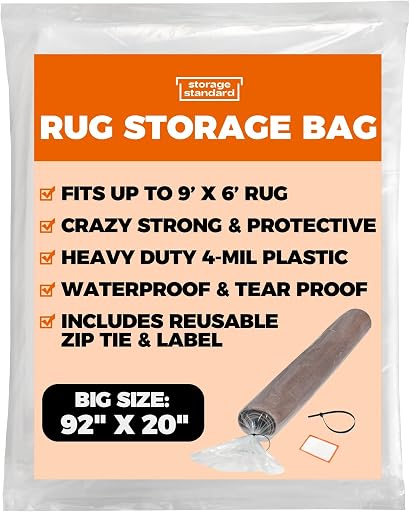 Heavy Duty Rug Storage Bag - Reusable Rug Shipping Bag, Waterproof Plastic Rug Cover - Fits Rolled Carpet Up to 6 x 9 Feet, 4 Mil Thick Tear Proof Plastic Storage Bag - 1 Clear Bag, 92 x 20 Inches