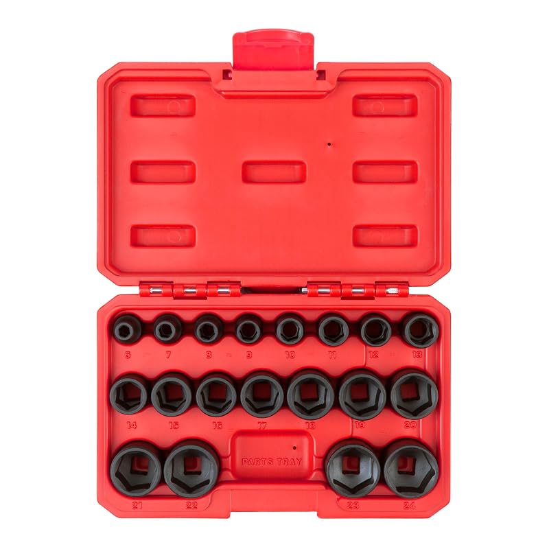 TEKTON Jogo de Soquetes de Impacto com Encaixe de 9,5 mm (3/8 pol.), 6 Pontos, Rasos, de 6 a 24 mm, SID91302, 19 peças