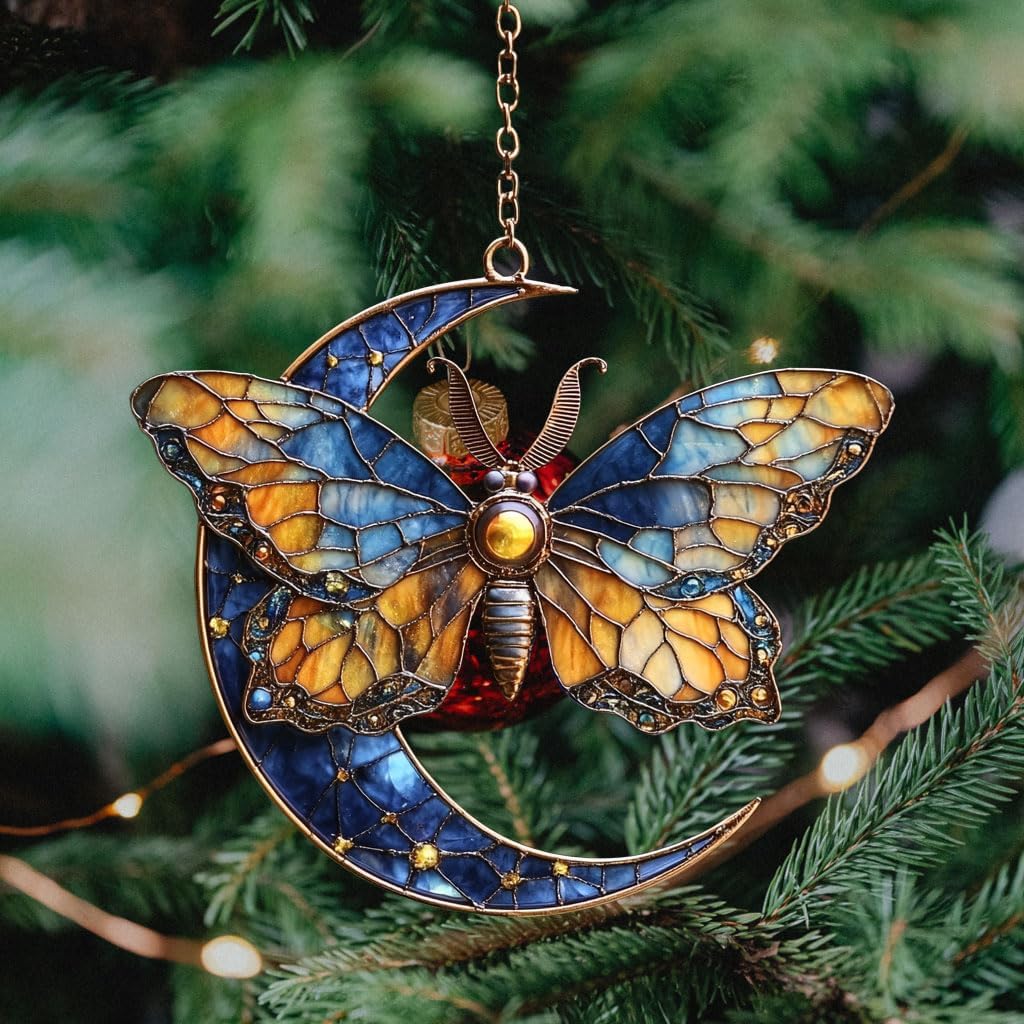 Vivid Tiffany Butterfly Moon Art Acrylic Suncatcher Stained Glass Effect Window Car Hanging Christmas Ornament Indoor Outdoor Decor Garden Sun Catcher Panel for Boho Lover for Women Mom Grandma