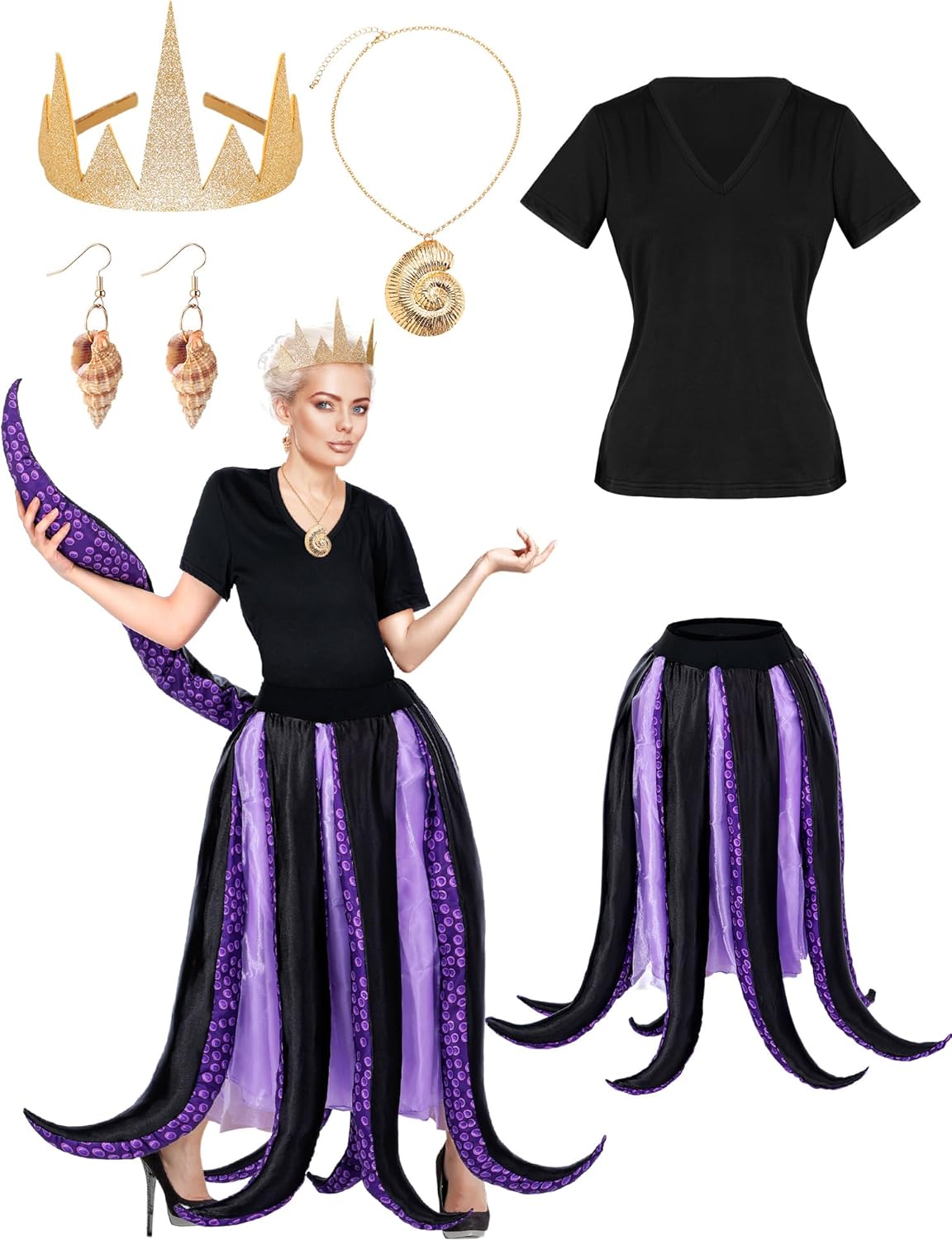 Ramede 5 Pcs Women Octopus Costume Halloween Witch Costume Purple Cosplay Tentacle Skirt Gold Necklace Earring