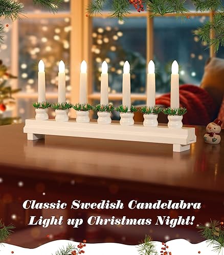 Miniatura 2 de Lewondr Candelabro sueco de Navidad, velas eléctricas con 7 velas cónicas sin llama, luz de puente de vela de madera con alimentación USB, luces