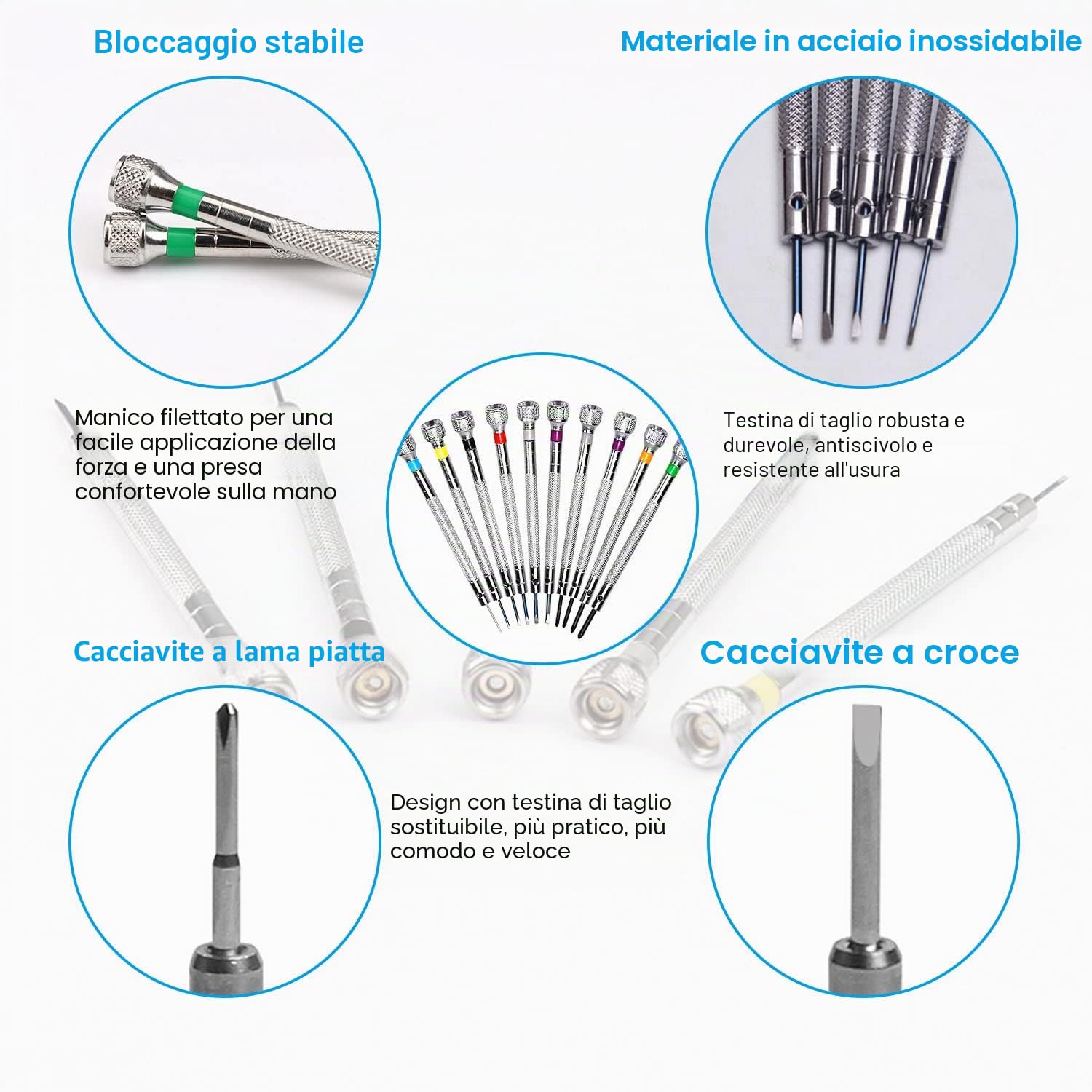 Cacciaviti di Precisione Orologiaio, 10 Pezzi, 0.6 - 2.0 mm, Kit con Smagnetizzatore, Giraviti per Riparazione Elettronica di Orologi