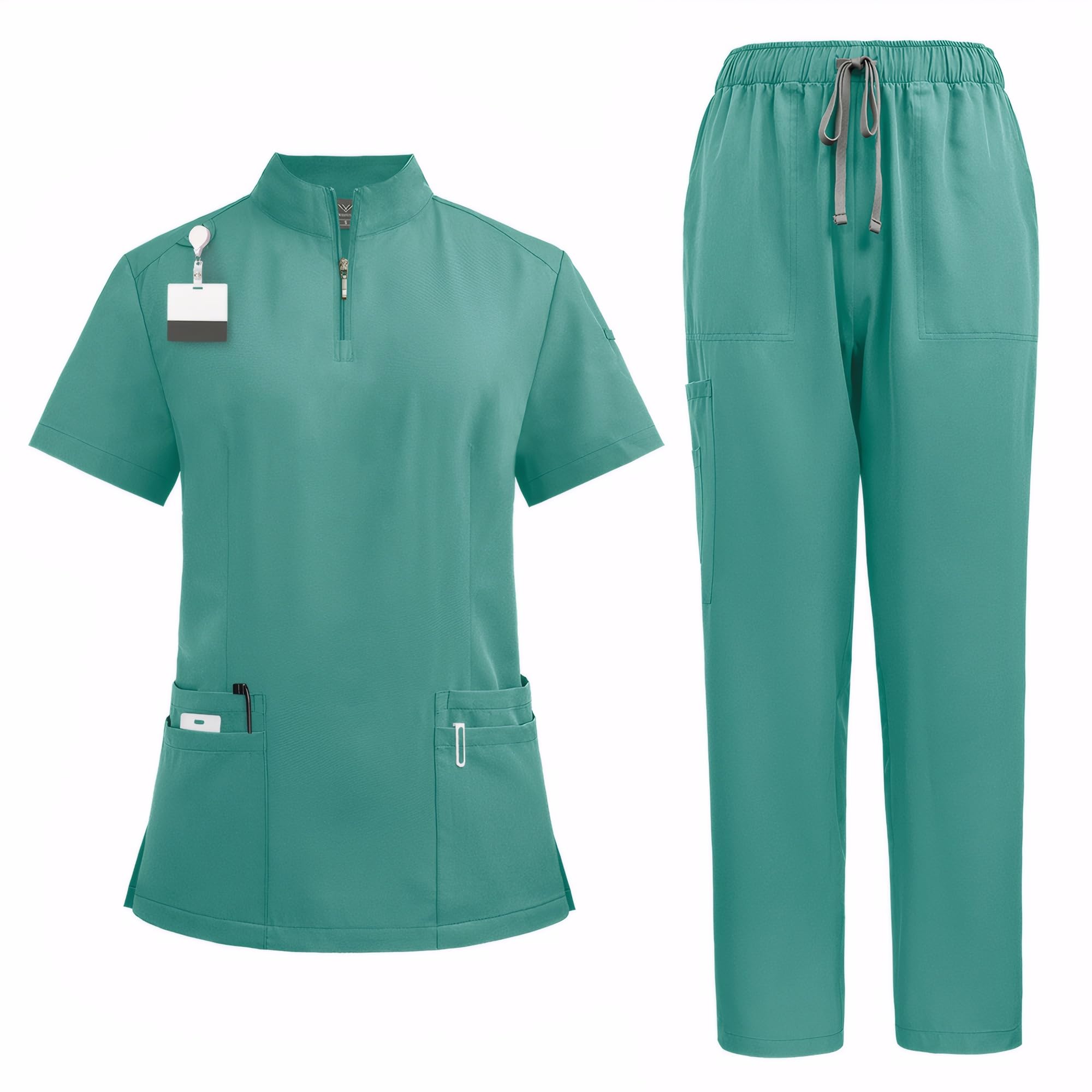 Unisex Scrub Medico Set DK50 Poliestere Cerniera Collo Top Pantaloni Elasticizzati 4 Tasche Traspirante