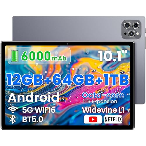 2026 Android Tablet 10.2 Inch, 6000mAh Long Battery Life. HD IPS Screen,12GB RAM 64GB ROM Expandable to 1TB, Dual Speakers, WiFi 6 - Budget-Friendly Tablet for Students, Family & Work (Gray)