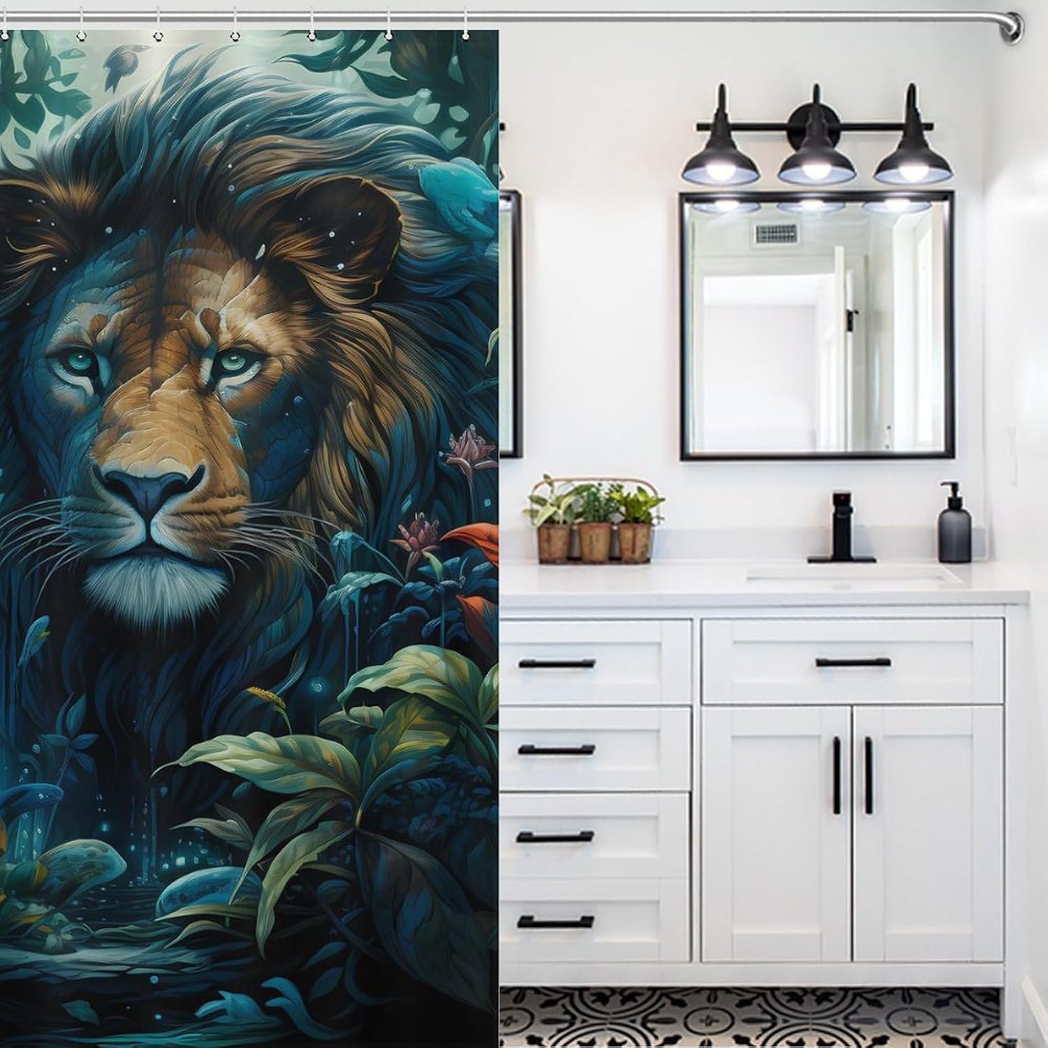 Tropical Rainforest Animal Lion Funny Shower Curtains Washable Bath Curtain Liner with Hooks for Bathroom Bath Tubs