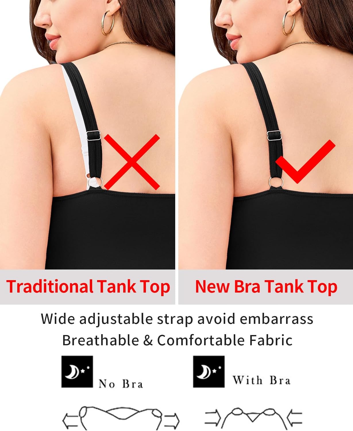 V FOR CITY Plus Size Tank Top with Built-in Bra Scoop Neck Camisole Tops for Women Adjustable Strap Cotton Camis - Image 6