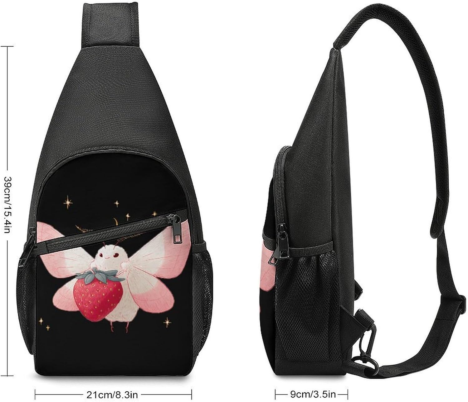 Cute Moth with A Strawberry Crossbody Sling Backpack Chest Bag Daypack | unisex,trendy,with convertible and detachable shoulder strap,side pockets