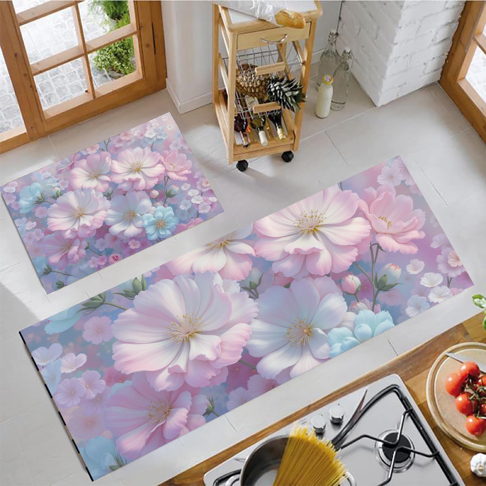 Felpudos de cocina lavables y alfombras de cocina antideslizantes florales 2 piezas