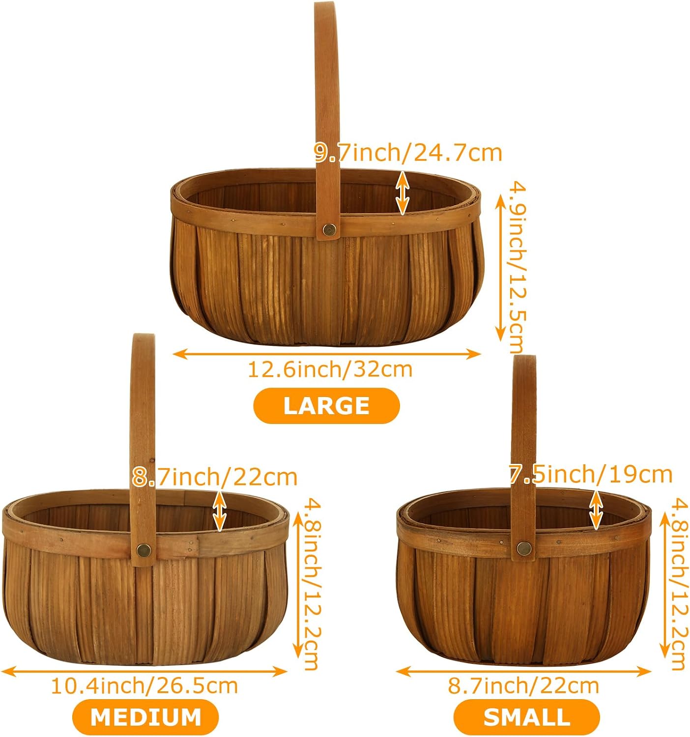 3 Pack Wicker Bread Baskets with Handle, Oval Hand Woven Picnic Basket Set for Storage, 3 Size Handle Wooden Fruit Basket for Storage Vegetable Gift Packing Woven Bin Kitchen Cabinet Organizer