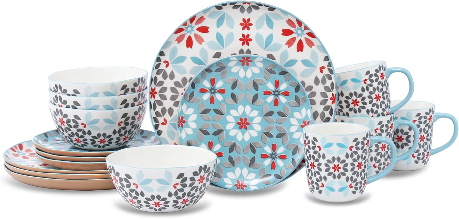 Lorren Home Trends Bone China 16-Piece Dinnerware Set, Floral Pattern with Blue and Red, Microwave and Dishwasher Safe, Service for 4