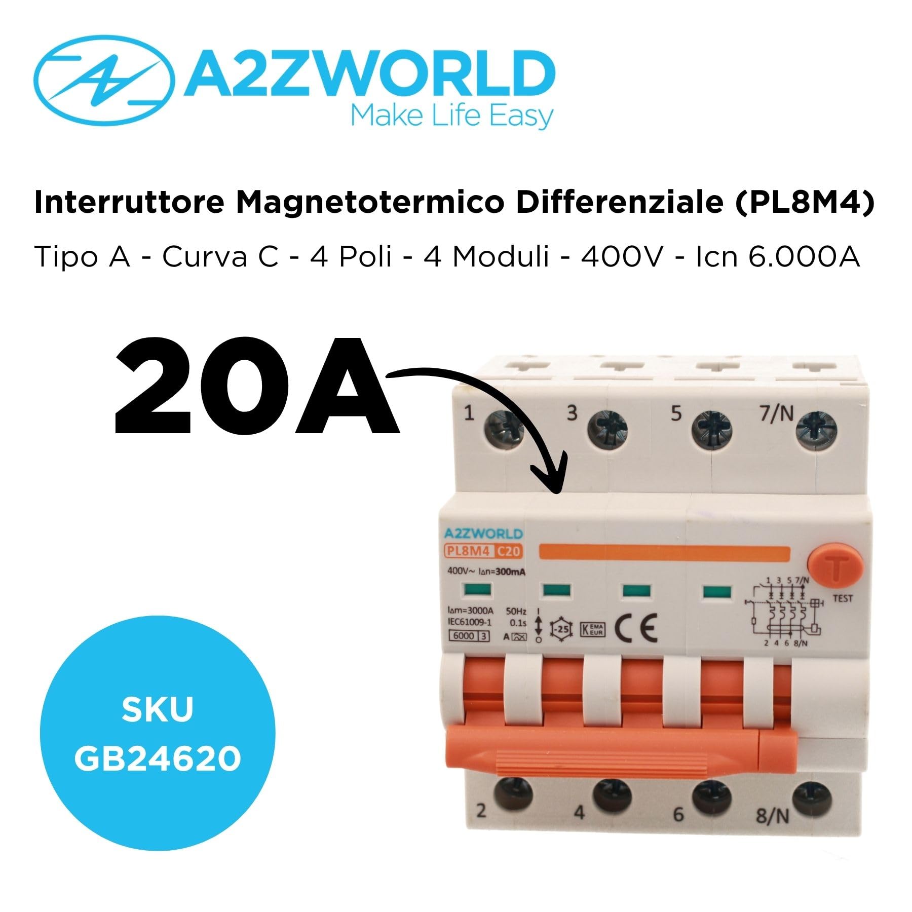 A2ZWORLD Interrupteur magnétothermique différentiel triphasé, type A 300mA, RCBO Classe A 4P C20 20A, courbe C 3P+N 6000A, occupe 4 modules DIN, AC 400V IP20
