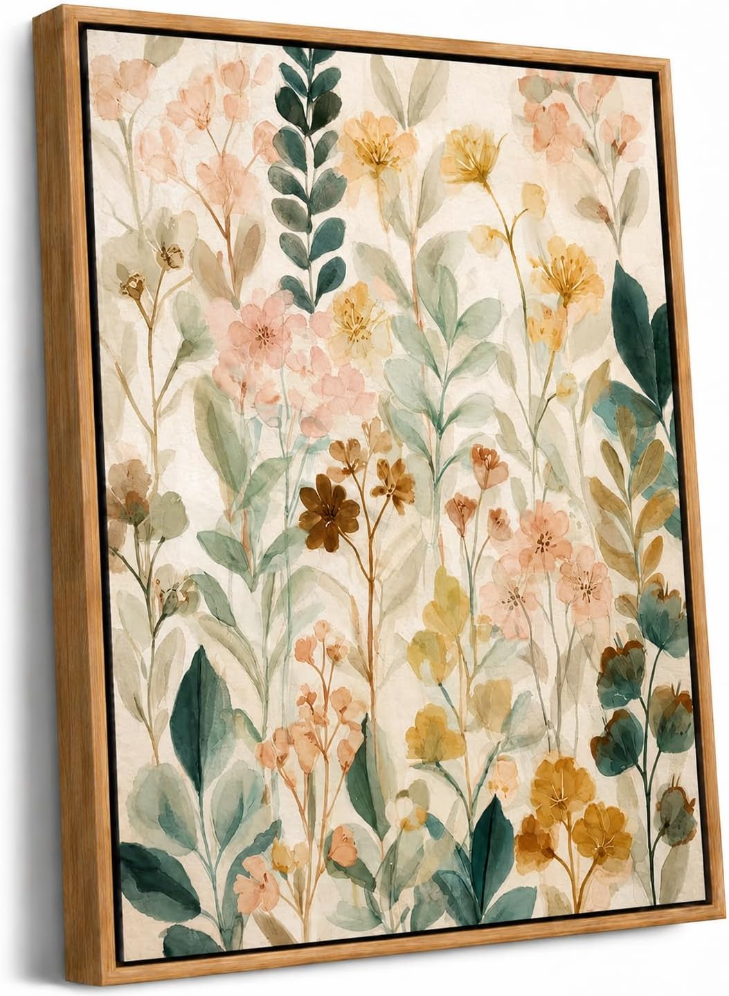 Framed Vintage Beige Floral Wall Art Boho Watercolor Wildflower Wall Decor Painting Pictures Country Botanical Earth Tone Flower Canvas Print Poster for Living Room Bedroom Bathroom 12x16in