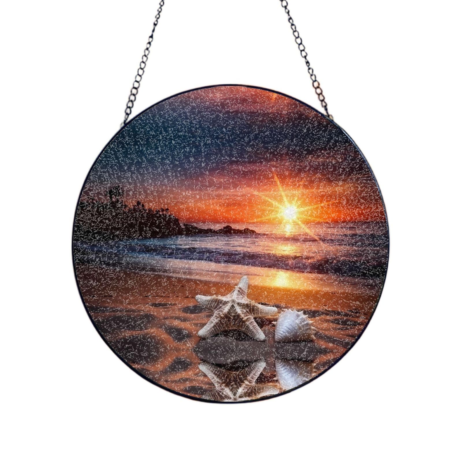 Phayah Sunset Beach Starfish Print Glass Window Hanging Round Suncatcher Glass Ornament Garden Wall Fence Decorations Indoor Outdoor 6in（15cm）