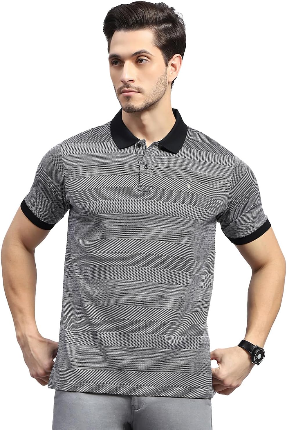 Monte Carlo Mens Self Design Polo Neck Half Sleeve Regular Fit T-Shirt (224064351)