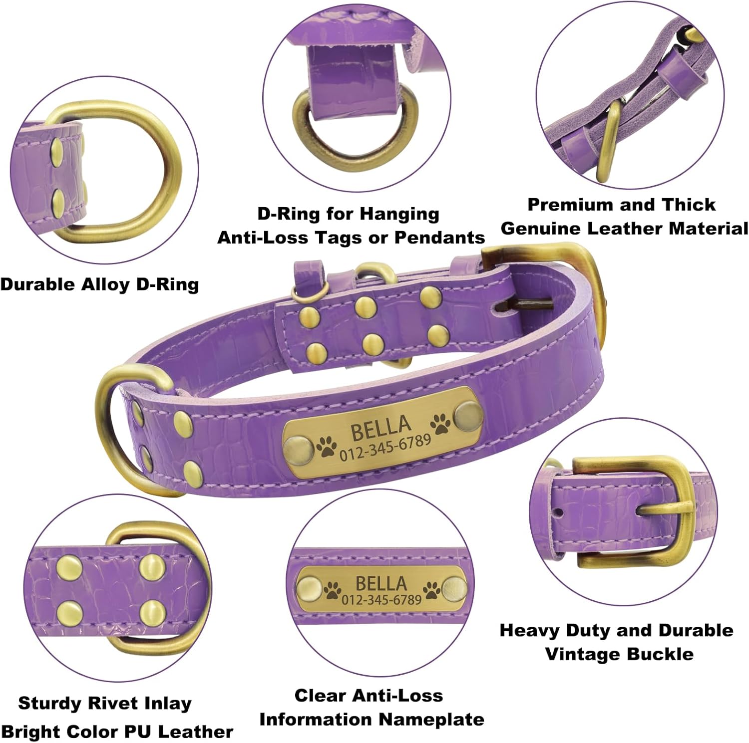 Personalized Genuine Leather Dog Collar with Engraved Name Plate - Durable and Stylish Custom Dog Collar for Small, Medium, and Large Dogs (XL,Light Purple)