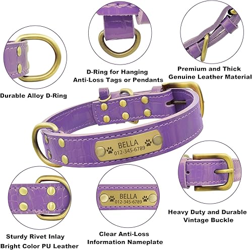 Miniatura 37 de Collar de perro de cuero genuino personalizado con placa de nombre grabada, duradero y elegante collar de perro personalizado para perros pequeños