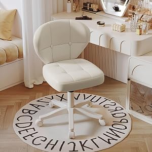 Vanity Chair with Back – Small Armless Office Chair with Wheels, Lumbar Support, PU Leather, Adjustable Height, 360° Swivel for Home, Bedroom, Office White Set of 1