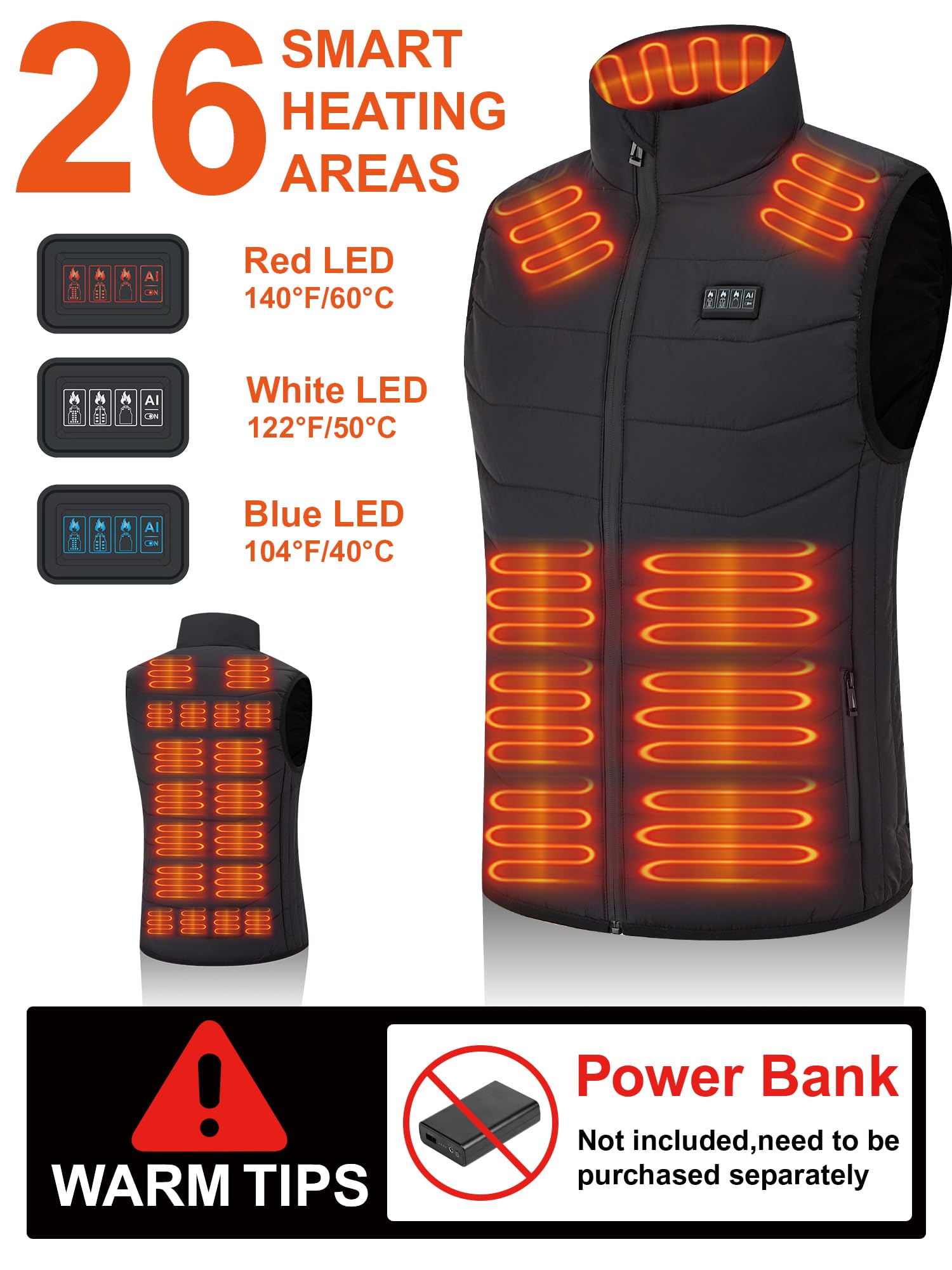 Beheizbare Weste Wärmeweste für Herren und Damen – Heizweste mit 26 Heizbereichen und Dual-Spannungsunterstützung (5V/7.4V) – Tolles Weihnachts- und Erntedankfest-Geschenk