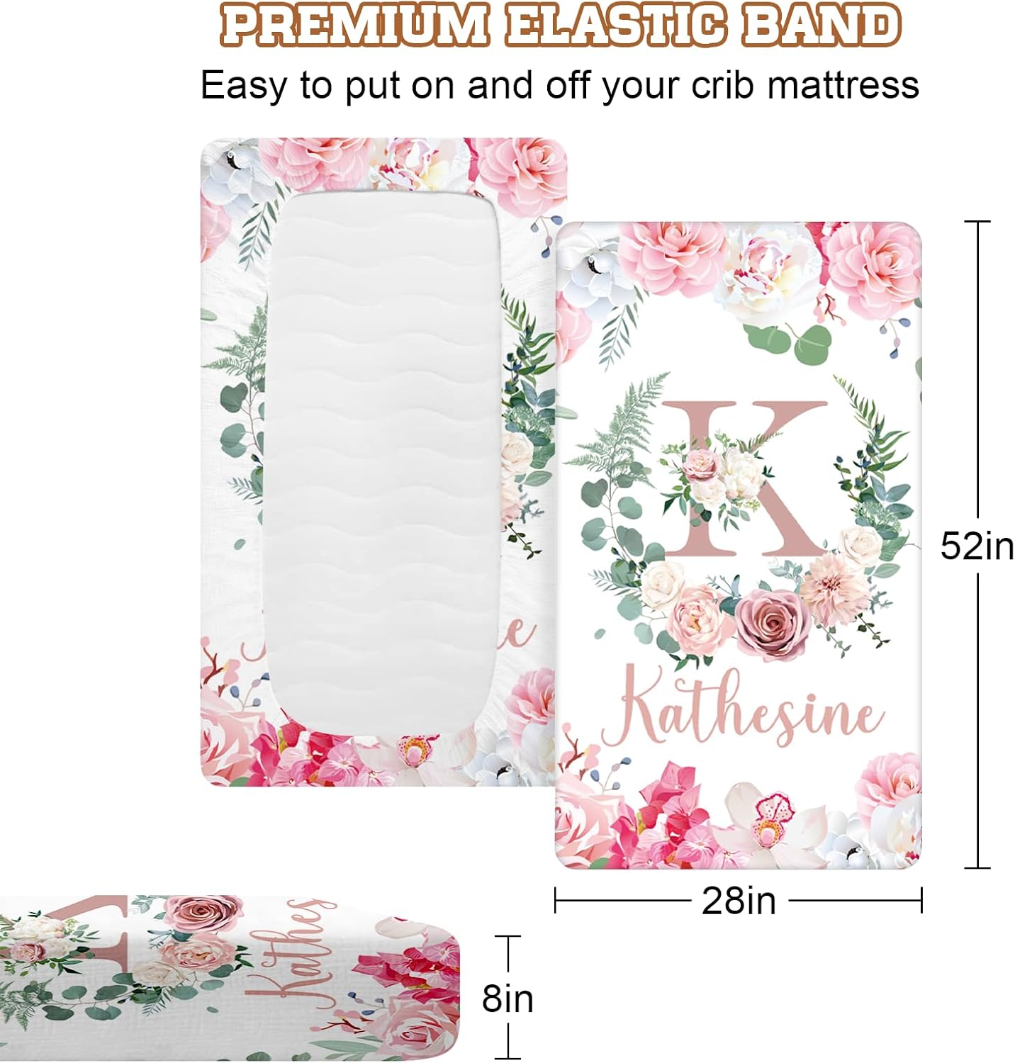 Custom Name Crib Baby Sheets - Personalized 2Pcs Baby Bedding for Boys Girls - Portable Cotton Pink Floral Changing Fitted Sheets Gifts for Newborn Infant