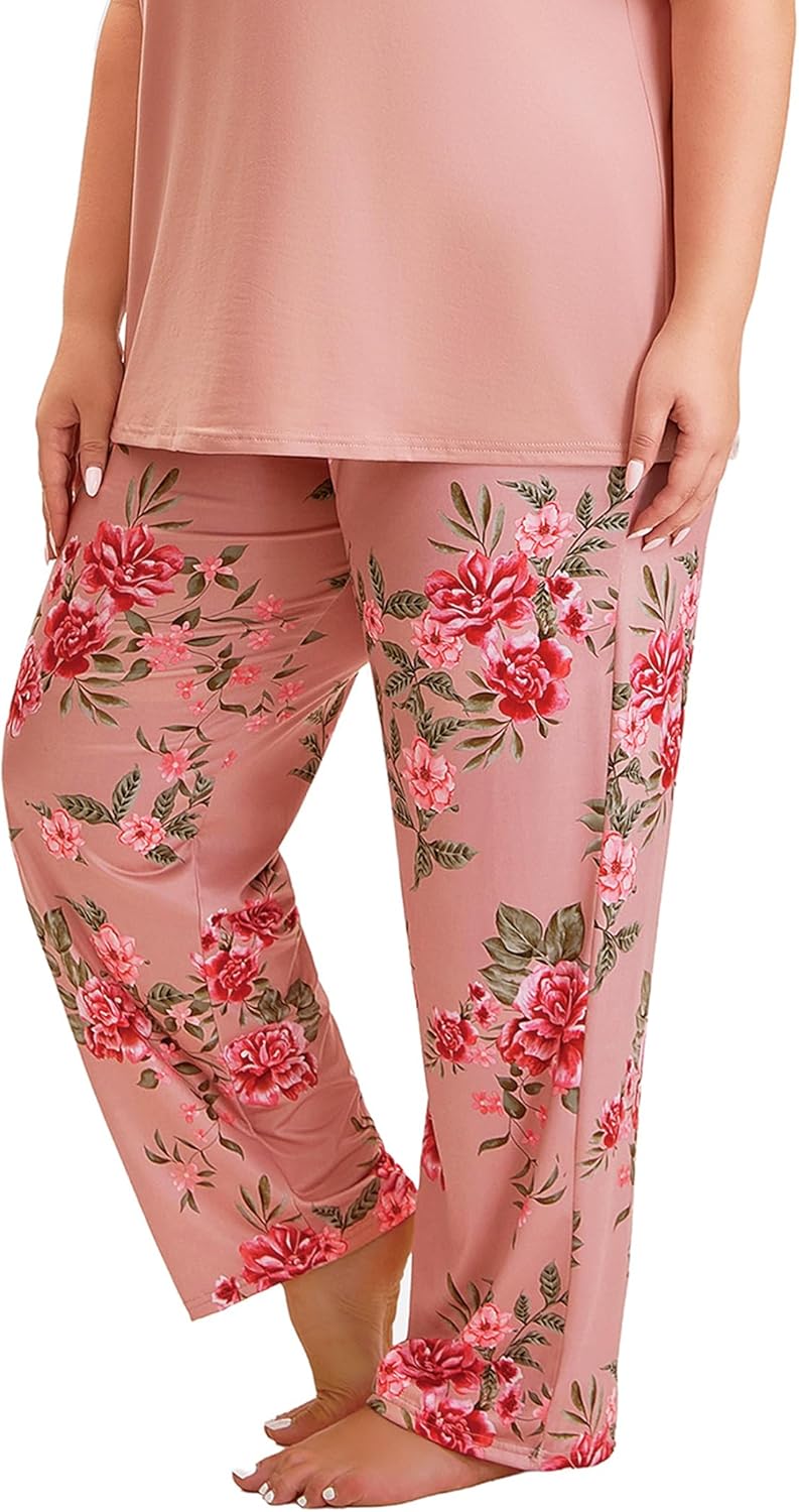 Plus Size Pajamas for Women Set, Womens Short Sleeve Tops and Long Pants Soft Pjs Lounge Sets with Pockets - Image 5
