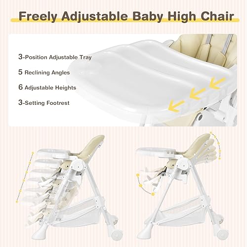 Miniatura 4 de BABY JOY Silla alta para bebés y niños pequeños, trona plegable rápida con 2 ruedas con bloqueo, canasta de almacenamiento grande, bandejas dobles