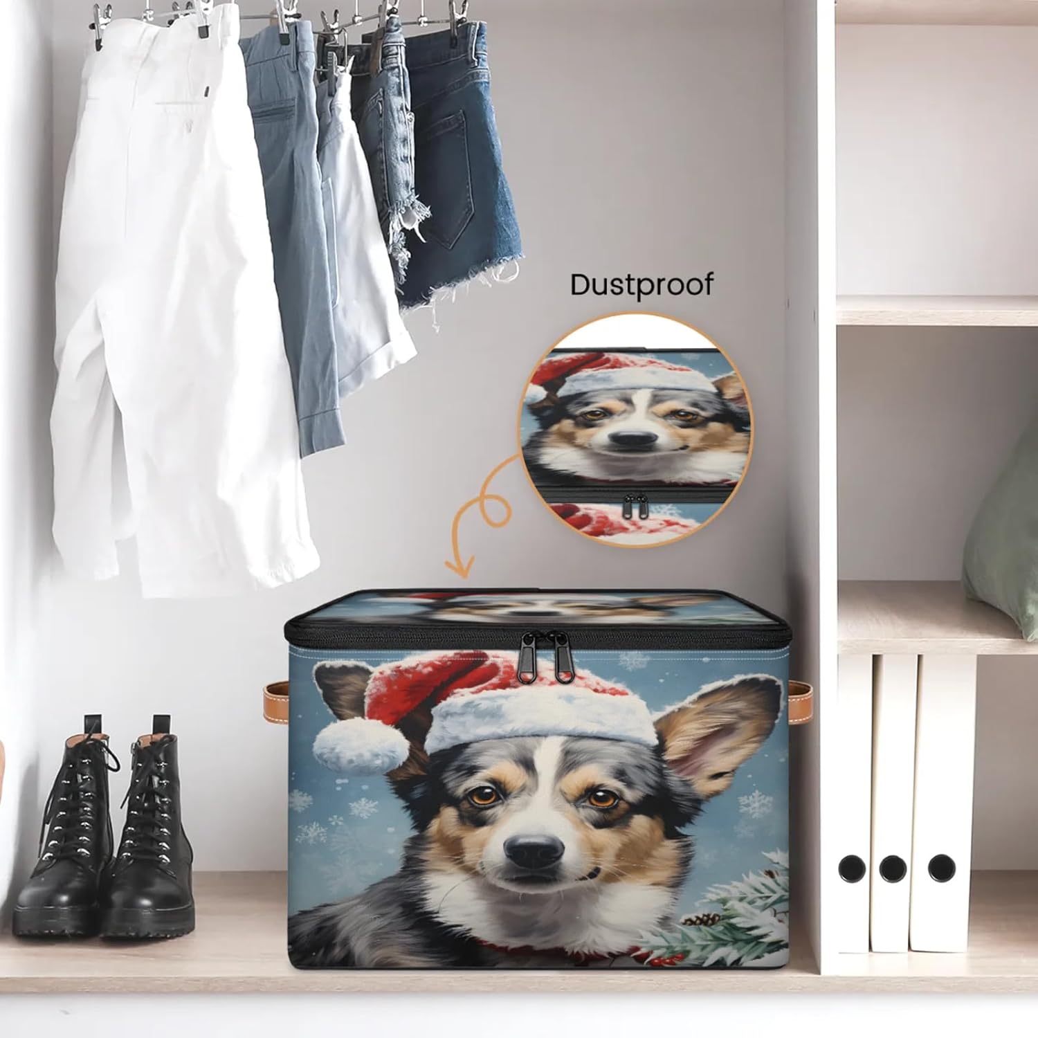 Storage Bin Set of 2 Christmas Corgi Storage Basket with Zipper Lid & Handle Foldable Closet Shelf 2 Pack Cloth Organizer Basket Cube Bins Clothes Organizer for Nursery, Bedroom