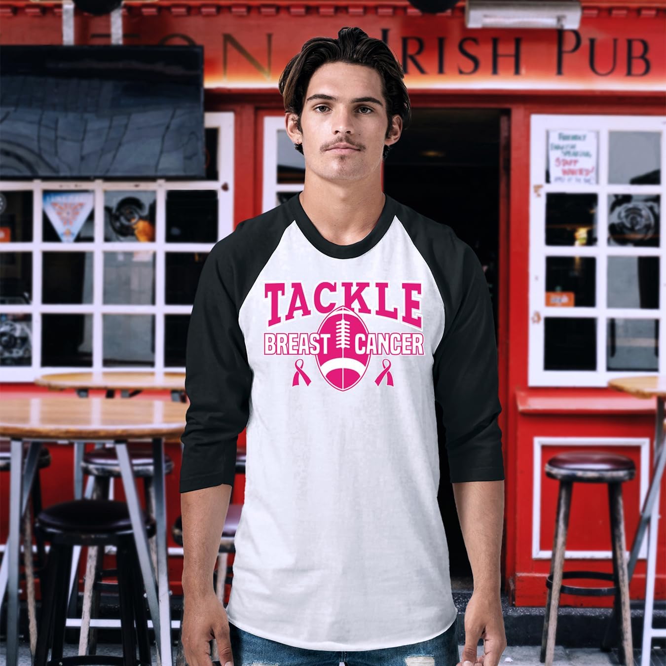 shop4ever Tackle Breast Cancer Baseball Shirt Support Awareness Raglan Tee Shirts