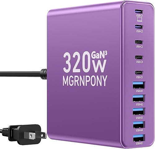 Miniatura 8 de Bloque de Cargador USB C de 320W, Estación de Carga de 10 Puertos USB C GaN III PD 65W Adaptador de Carga Rápida para Laptop para MacBook Pro/Air