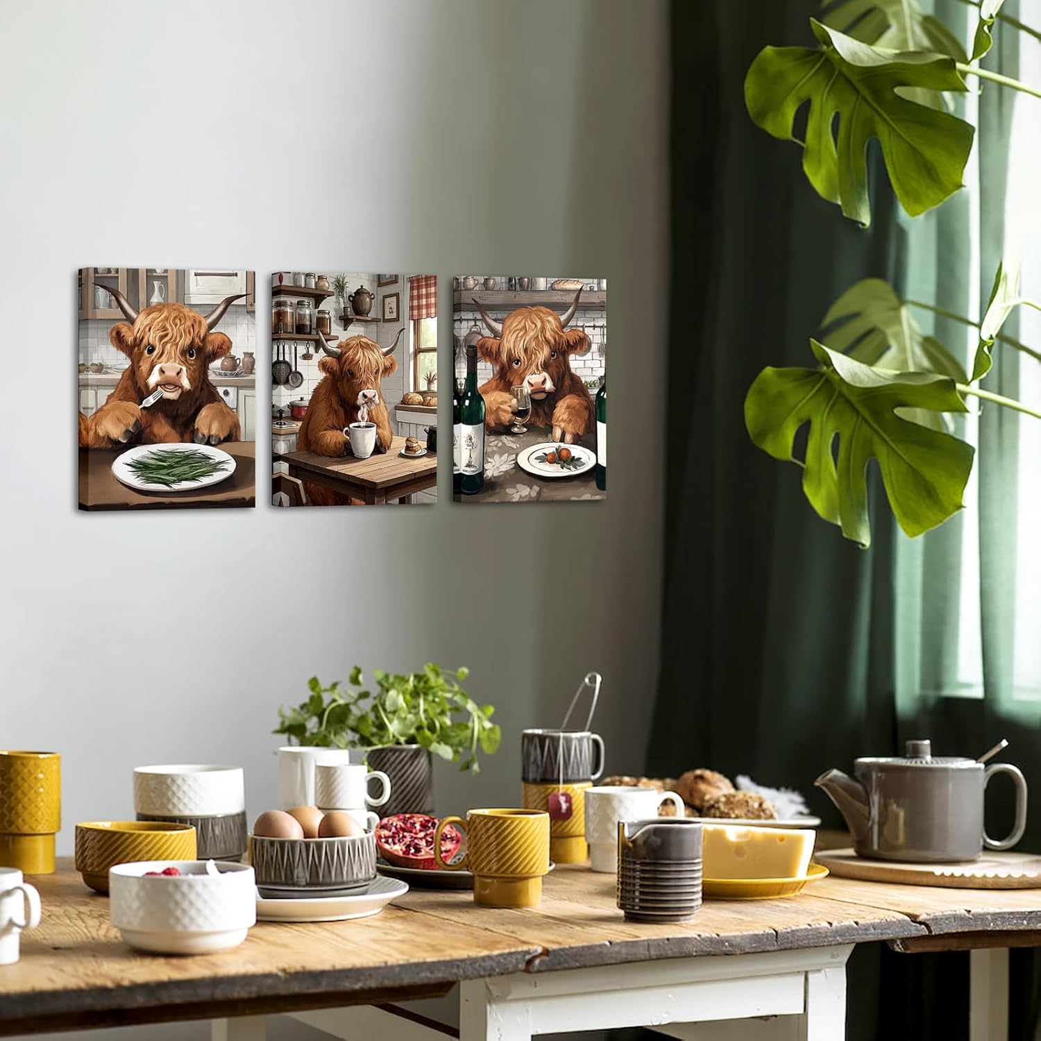 NutArtPic Kitchen Wall Art Highland Cow Picture Prints Funny Animal Dining Room Canvas Brown Kitchen Wall Decor 12''x16''x3